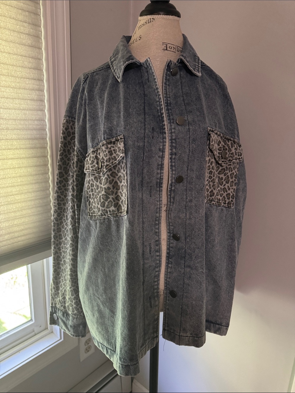 She + Sky Denim Jacket Leopard Sleeves and Chest Pockets